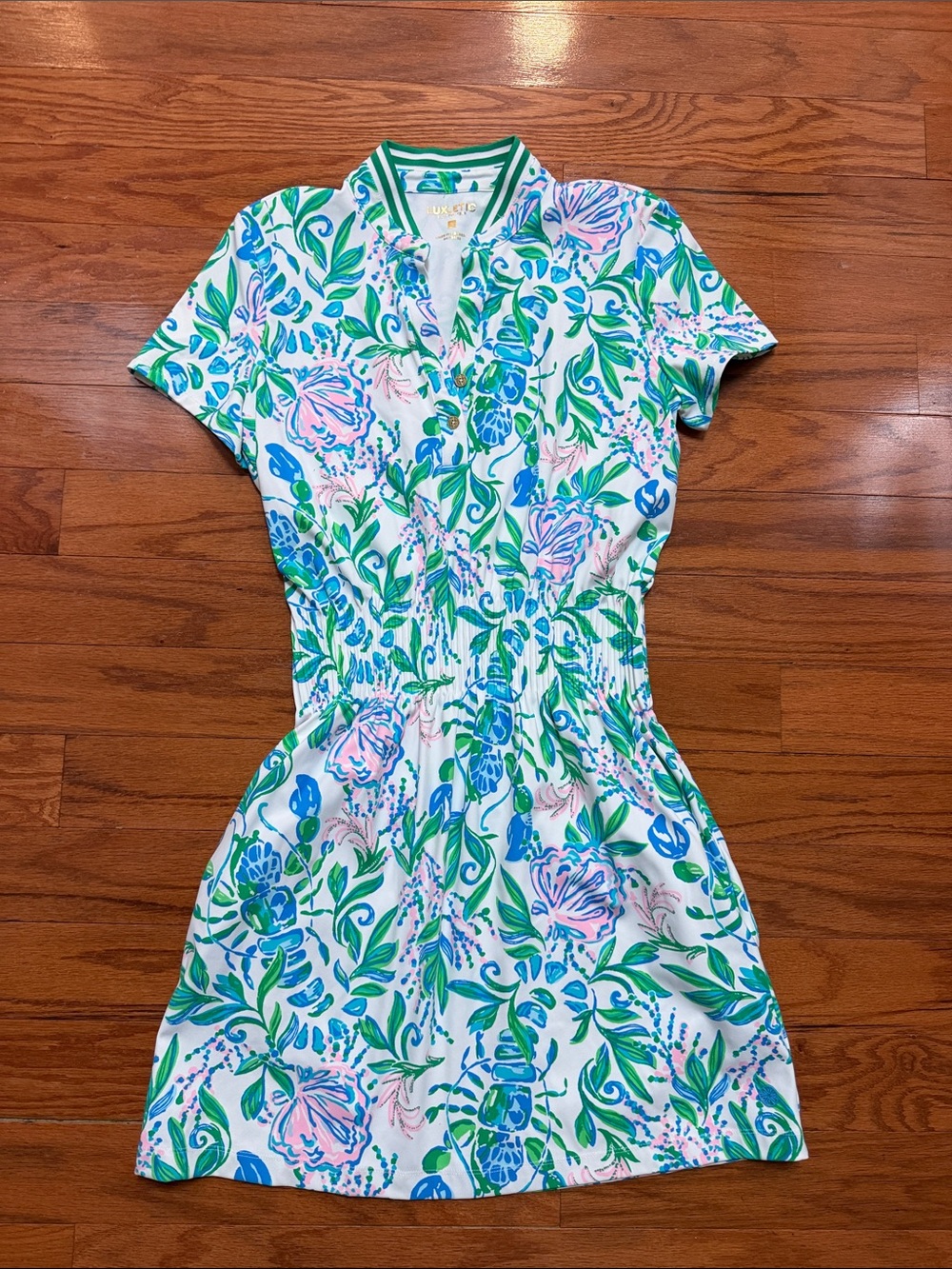Lilly Pulitzer White Floral Luxletic Dress with Green, Blue & Pink Print